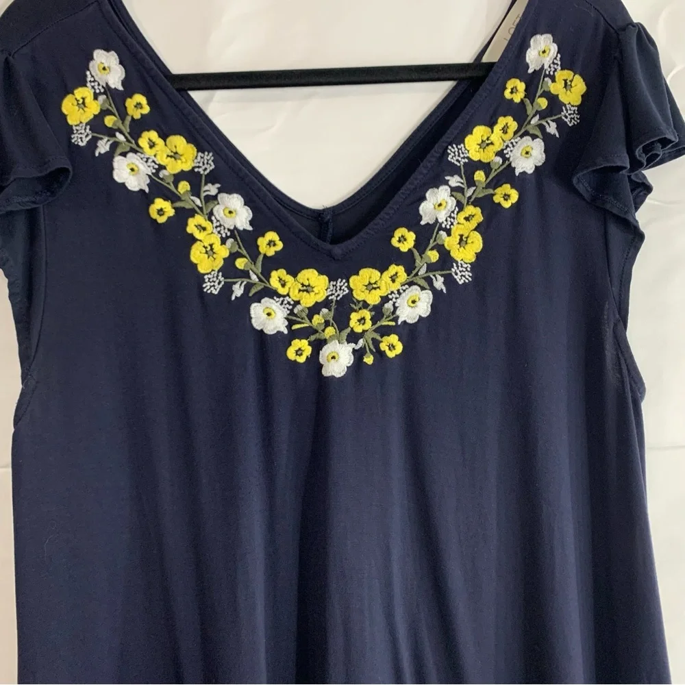 LOFT Navy Blue Short Ruffle Sleeve Floral Detail Midi Dress, size L - Picture 3 of 9